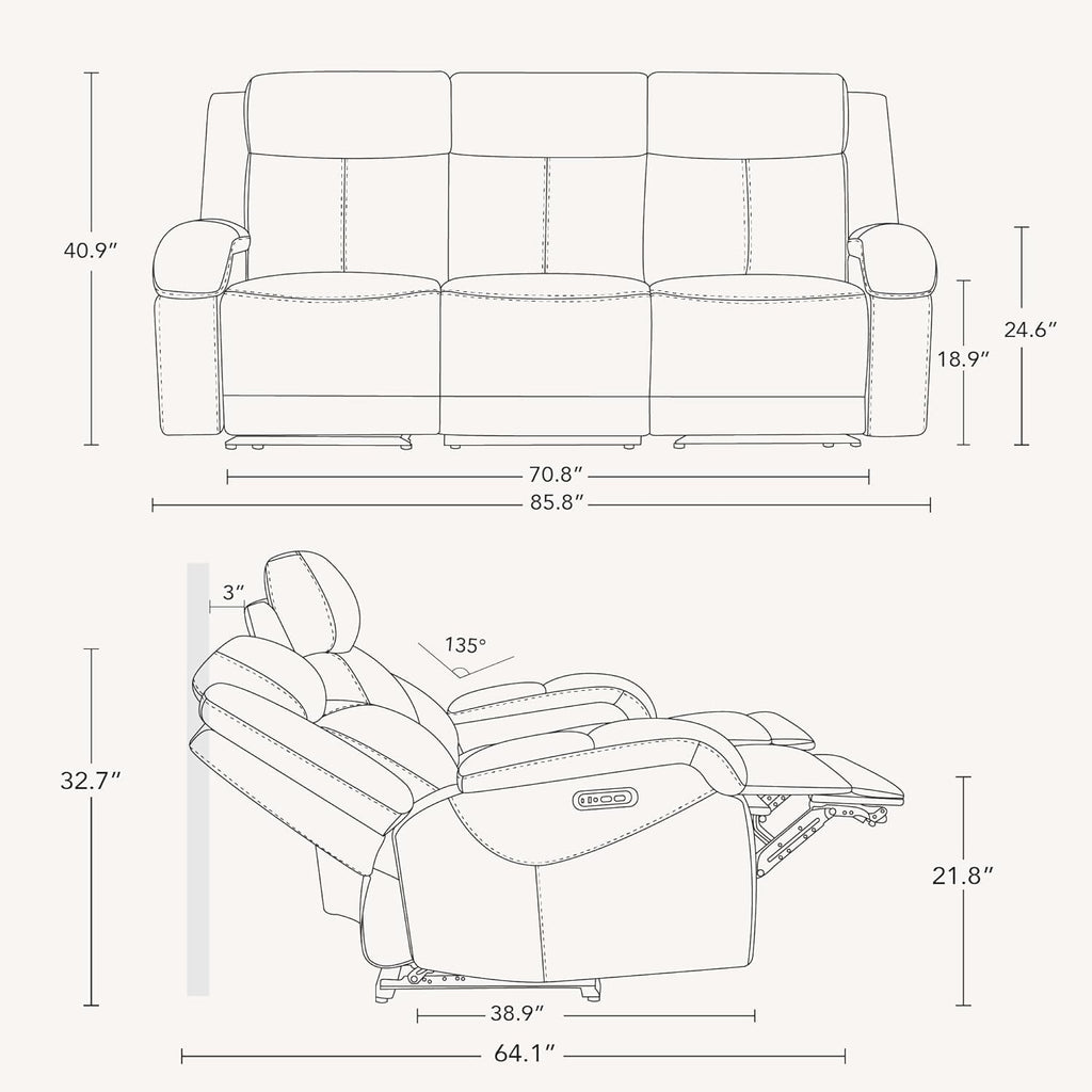 Genuine Leather Power Recliner Sofa 3 Seater USB Ports