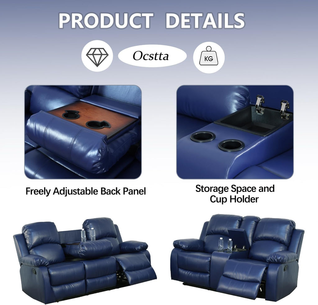 Manual Leather Recliner Sofa Set Blue Living Room Furniture