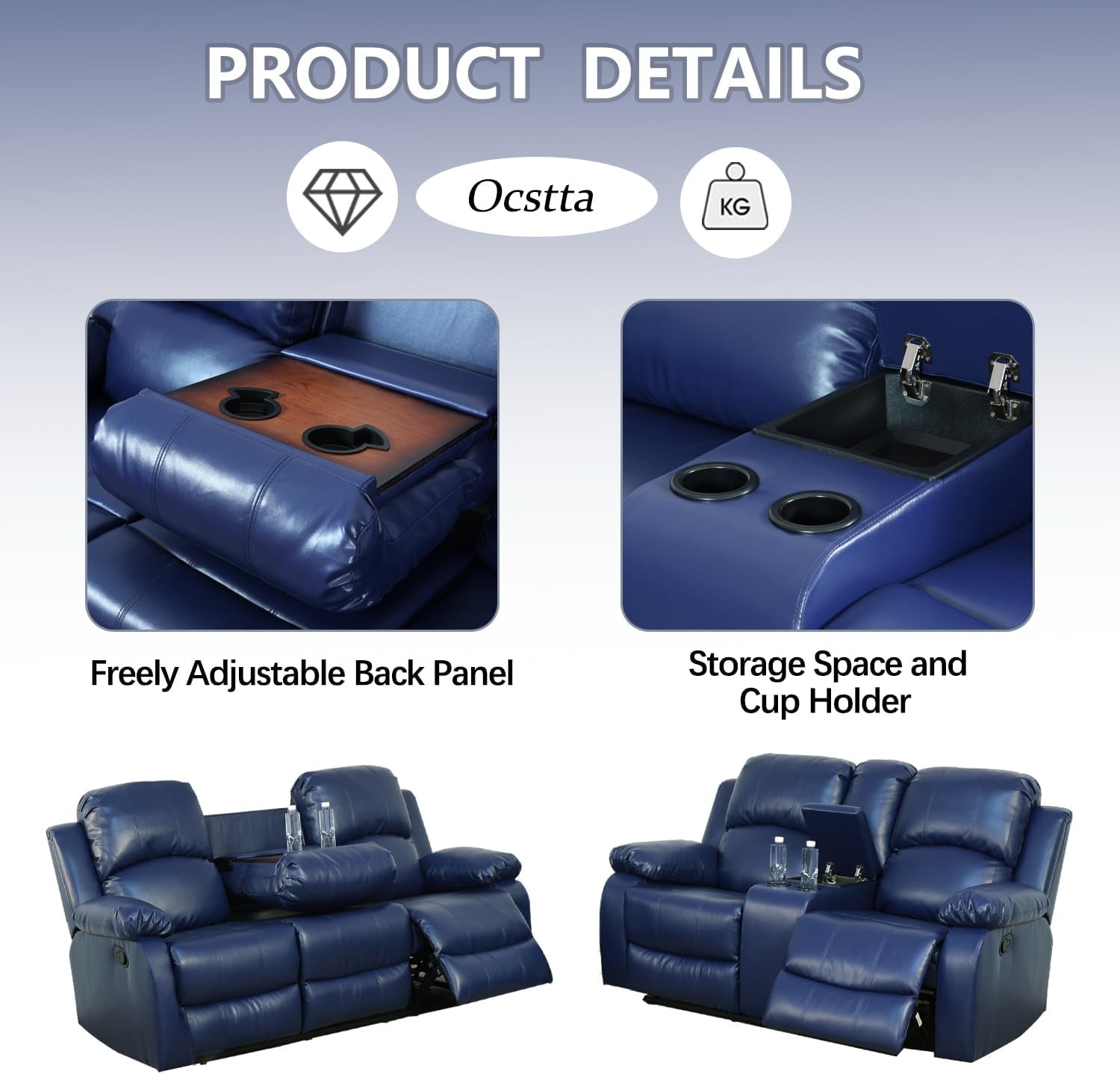 Manual Leather Recliner Sofa Set Blue Living Room Furniture