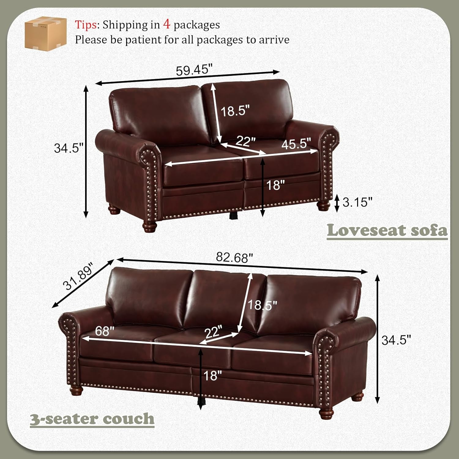 Two Piece Upholstered PU Leather Sofa Set With Hidden Storage Red Brown Mid Century Modern Living Room Furniture