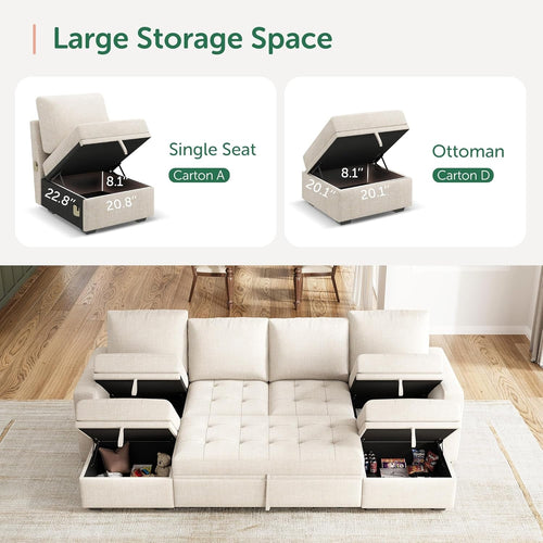 Beige Modular Sleeper Sectional Couch With Storage