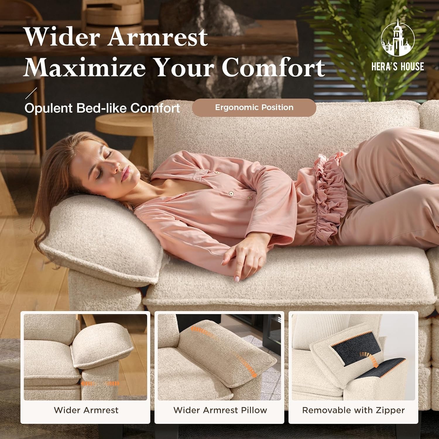 124 Inch Chenille Beige Modular Sectional Sofa With Throw Pillows