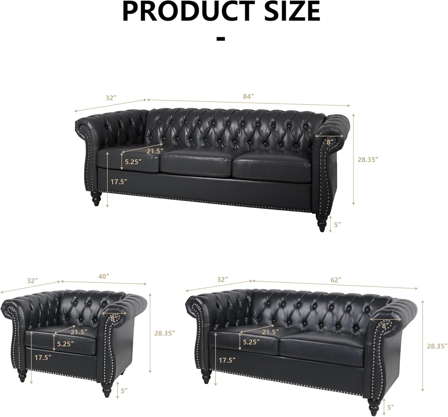 Three Piece Living Room Furniture Set With Faux Leather Chesterfield Sofa Club Chair And Loveseat In Black