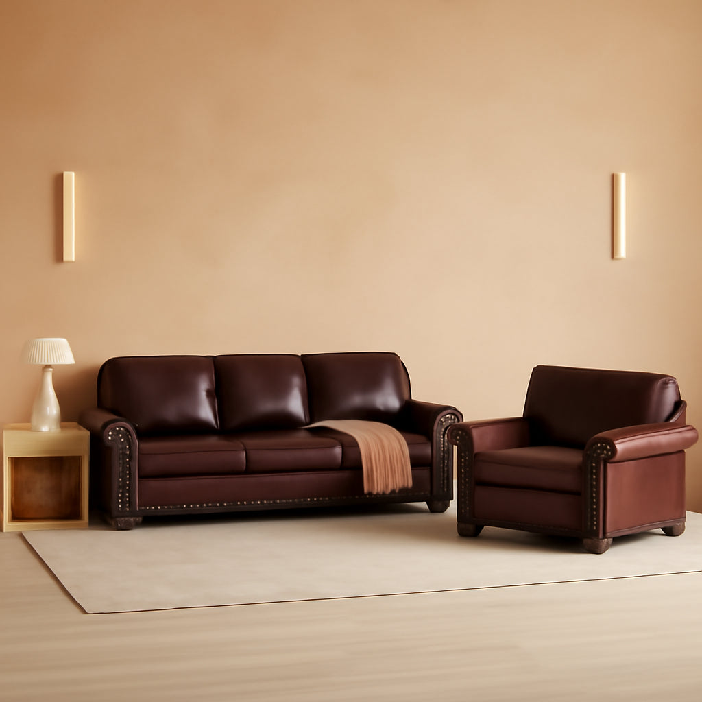 Two Piece Upholstered PU Leather Sofa Set With Hidden Storage Red Brown Mid Century Modern Living Room Furniture