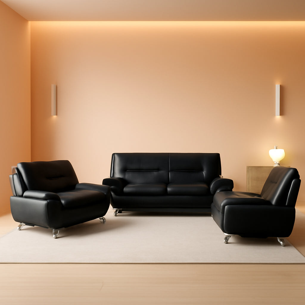 Leather Sofa Set 3 Piece Black Living Room Furniture